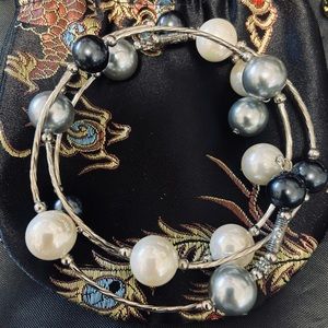 Bracelet- wrap a round - black, white and silver beads